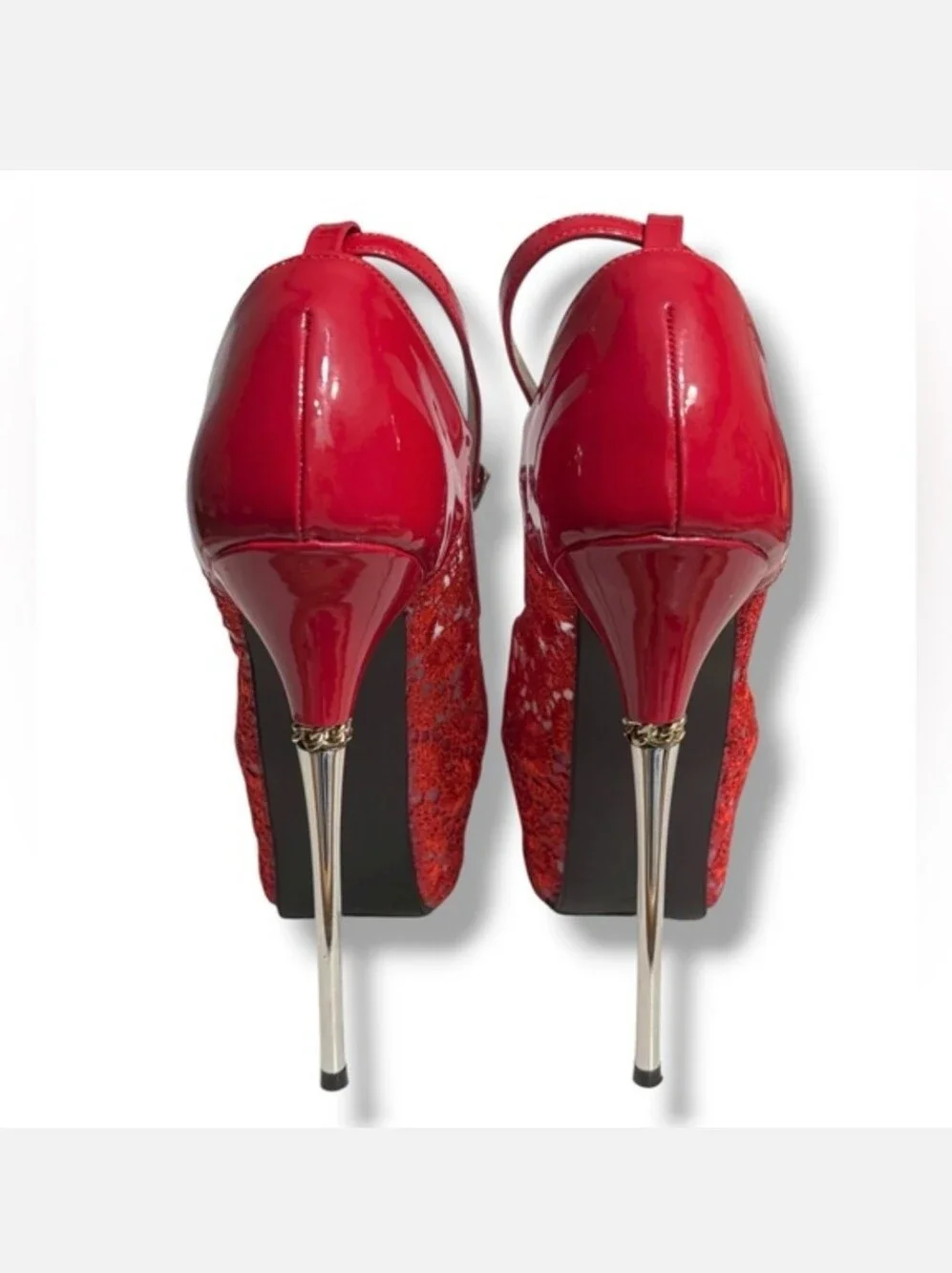 GETMOREBEAUTY Red Lace & Patent Leather Platform Stilettos Ankle Strap Size 36/6